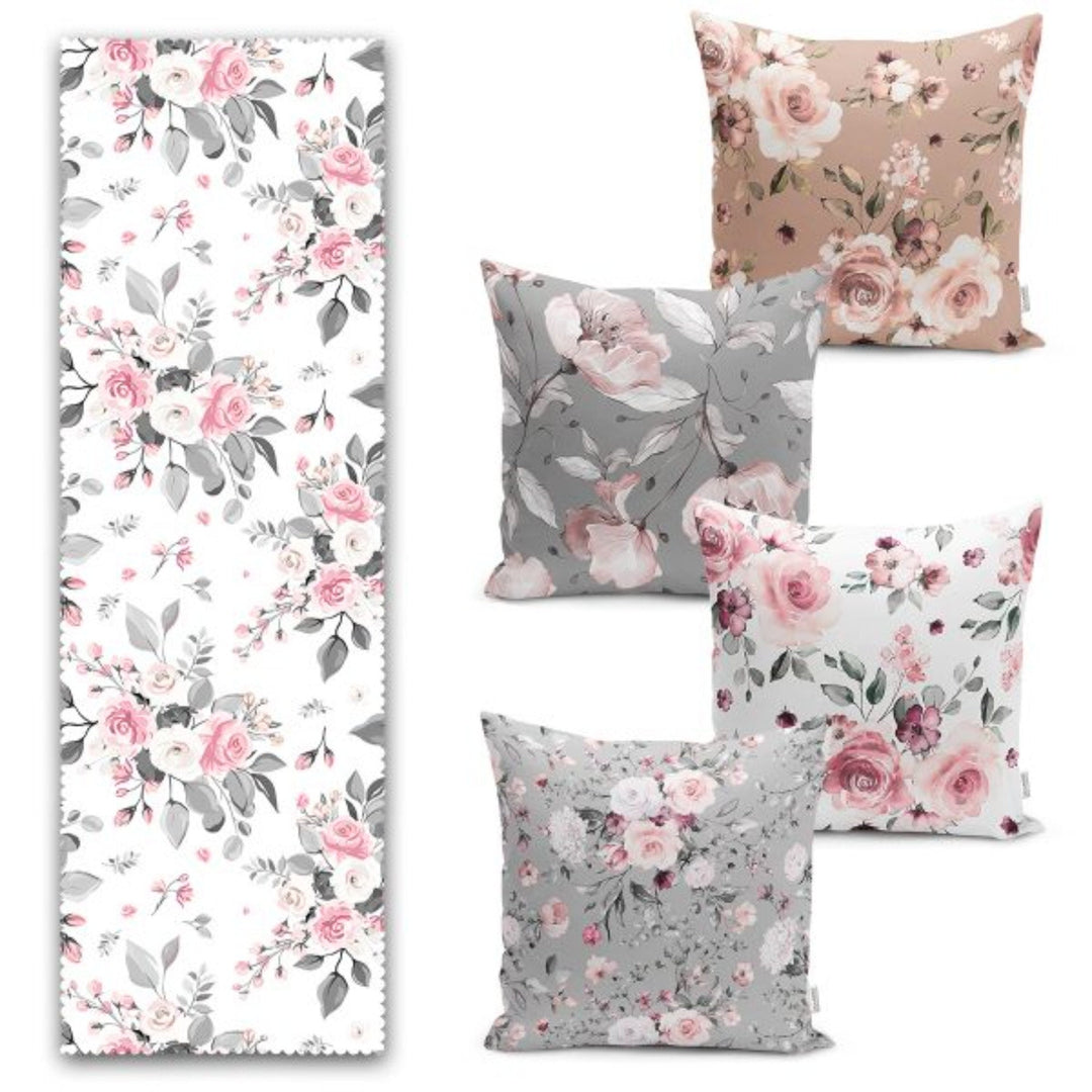 Set of 4 Floral Pillow Covers and 1 Table Runner|White Pink Rose Home Decor|Decorative Flower Painting Tabletop|Rose Cushion and Runner Set