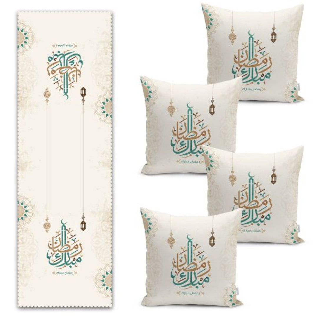 Set of 4 Islamic Pillow Covers and 1 Table Runner|Ramadan Mubarak Home Decor|Religious Motif Print Tablecloth and Cushion|Gift for Muslims