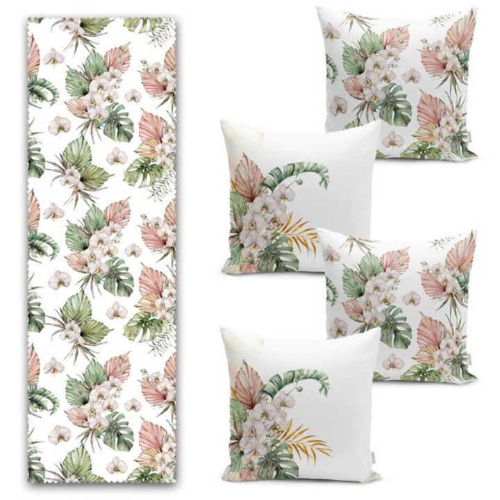 Set of 4 Floral Pillow Covers and 1 Table Runner|Green Leaves Home Decor|Decorative Pinky Flowers Tablecloth|Floral Cushion and Runner Set