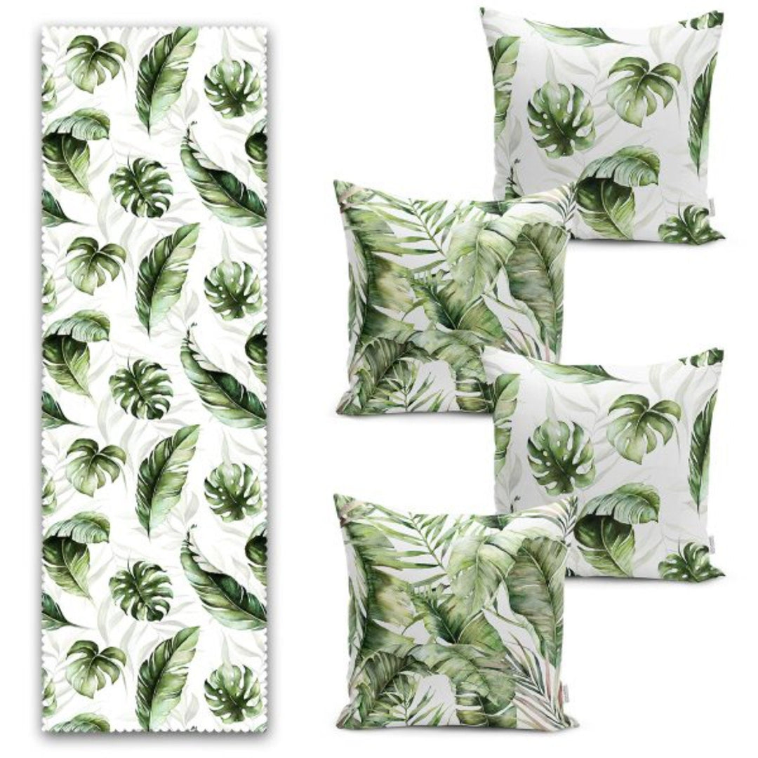 Set of 4 Plant Pillow Covers and 1 Table Runner|Green Leaves Home Decor|Decorative Tropical Leaves Tabletop|Floral Cushion and Runner Set