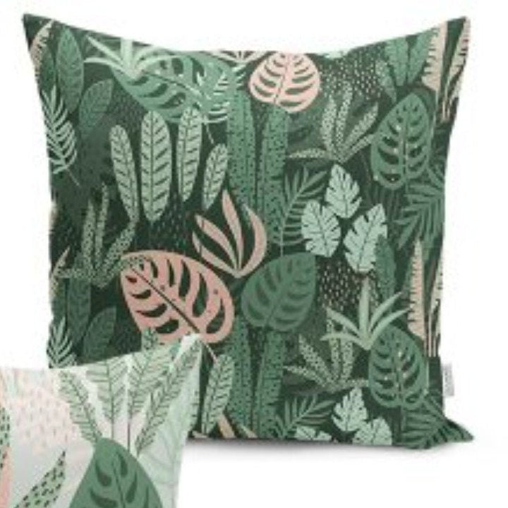 Set of 4 Plant Pillow Covers and 1 Table Runner|Green Leaves Home Decor|Decorative Tropical Leaves Tabletop|Floral Cushion and Runner Set