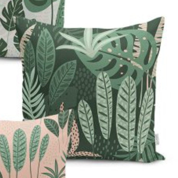 Set of 4 Plant Pillow Covers and 1 Table Runner|Green Leaves Home Decor|Decorative Tropical Leaves Tabletop|Floral Cushion and Runner Set