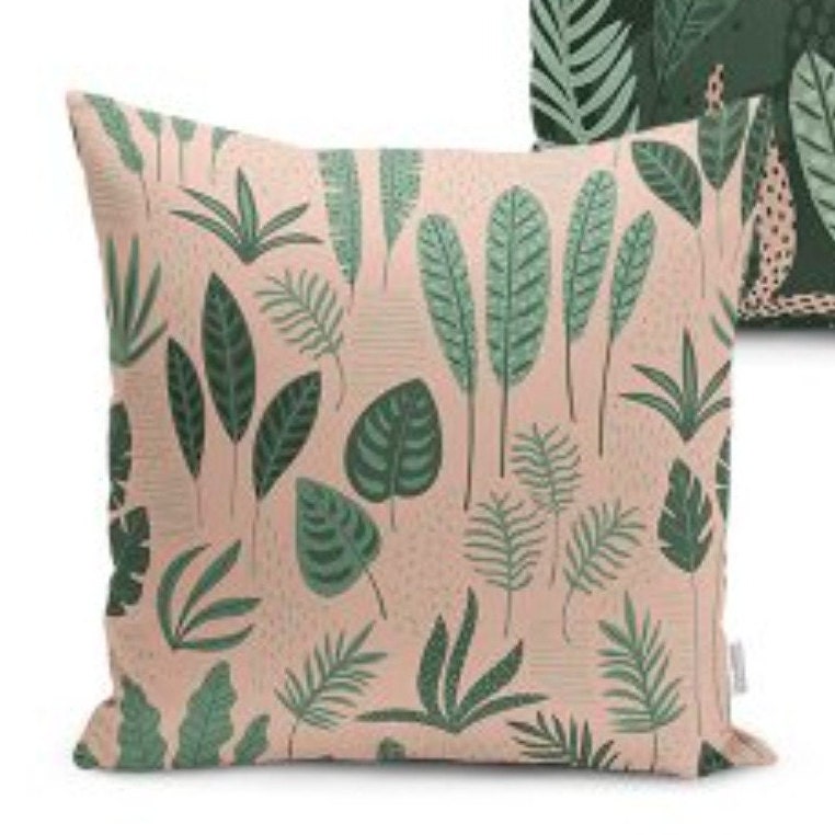 Set of 4 Plant Pillow Covers and 1 Table Runner|Green Leaves Home Decor|Decorative Tropical Leaves Tabletop|Floral Cushion and Runner Set