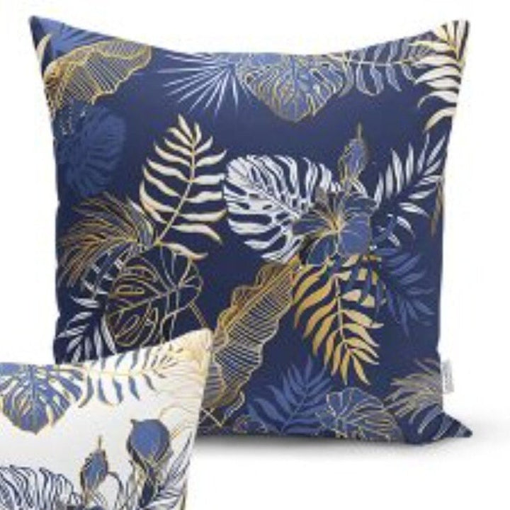 Set of 4 Plant Pillow Covers and 1 Table Runner|Blue Gold Leaves Home Decor|Decorative Tropical Leaf Tabletop|Floral Cushion and Runner Set