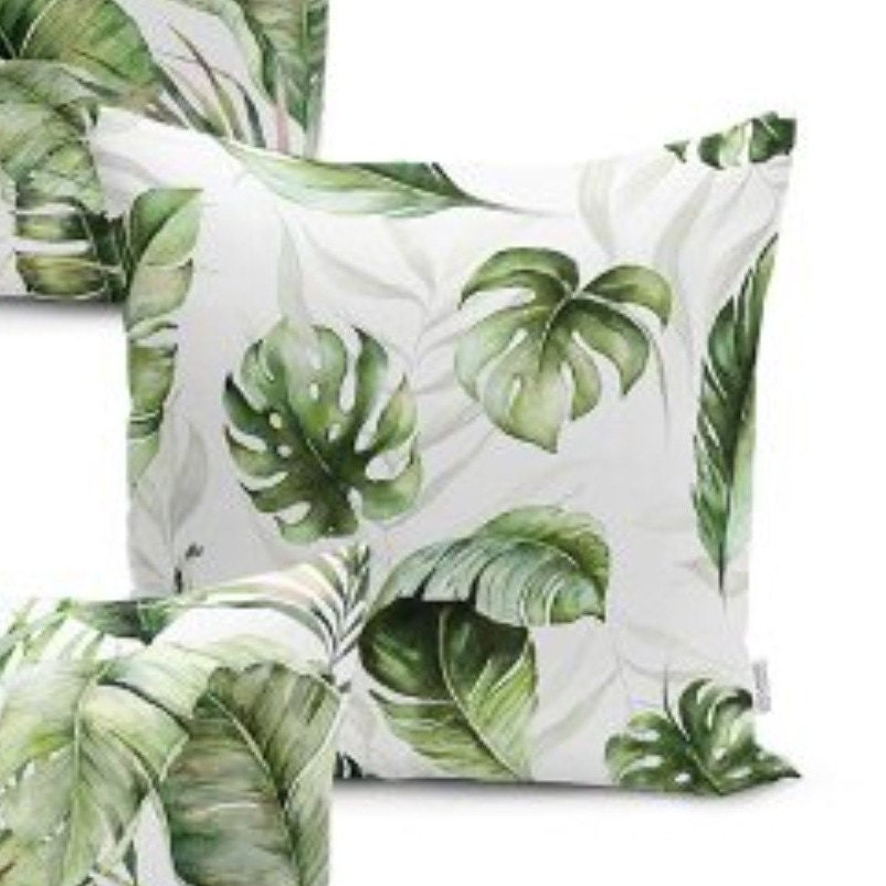 Set of 4 Plant Pillow Covers and 1 Table Runner|Green Leaves Home Decor|Decorative Tropical Leaves Tabletop|Floral Cushion and Runner Set