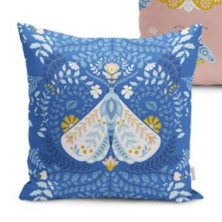 Set of 4 Moth Pillow Covers and 1 Table Runner|Pink Blue Home Decor|Decorative Butterfly Print Tabletop|Floral Cushion Cover and Runner Set