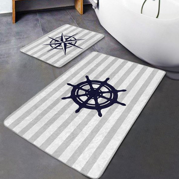 Set of 2 Nautical Bath Mat|Non-Slip Bathroom Decor|Anchor Bath Rug|Navy Marine Kitchen Floor Mat|Absorbent Shower and Home Entrance Carpet