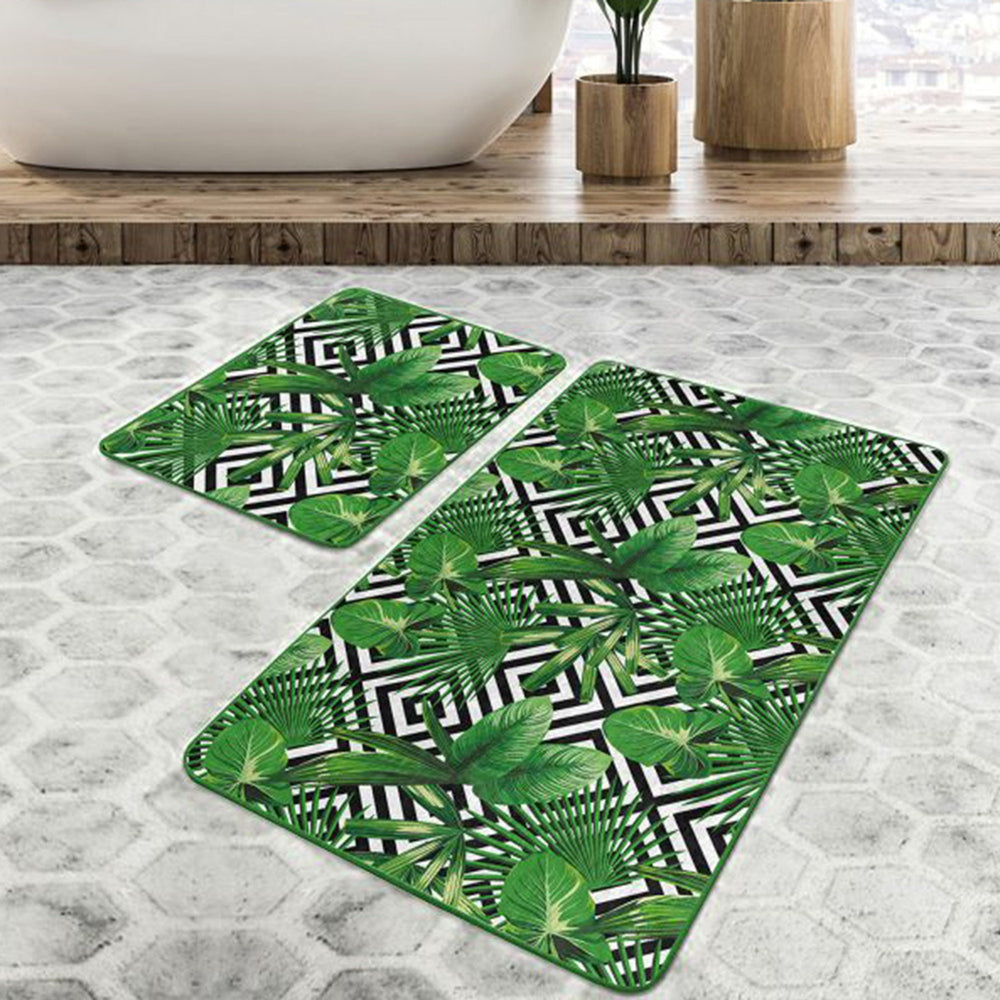 Set of 2 Green Leaves Bath Mat|Non-Slip Bathroom Decor|Tropical Bath Rug|Rectangle Kitchen Floor Mat|Absorbent Shower, Home Entrance Carpet