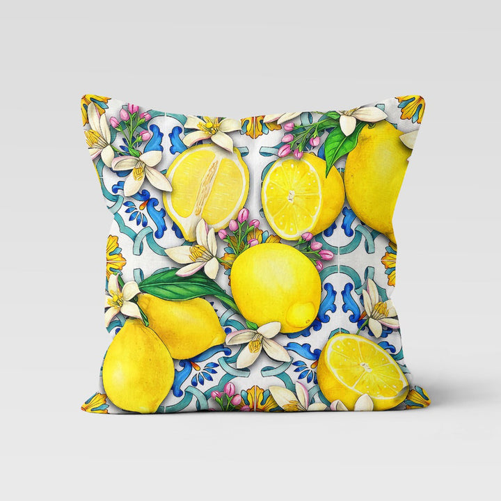 Floral Lemon Pillow Cover|Lemon on Tile Pattern Cushion Case|Housewarming Yellow Citrus Print Home Decor|Farmhouse Yellow Blue Pillow Case