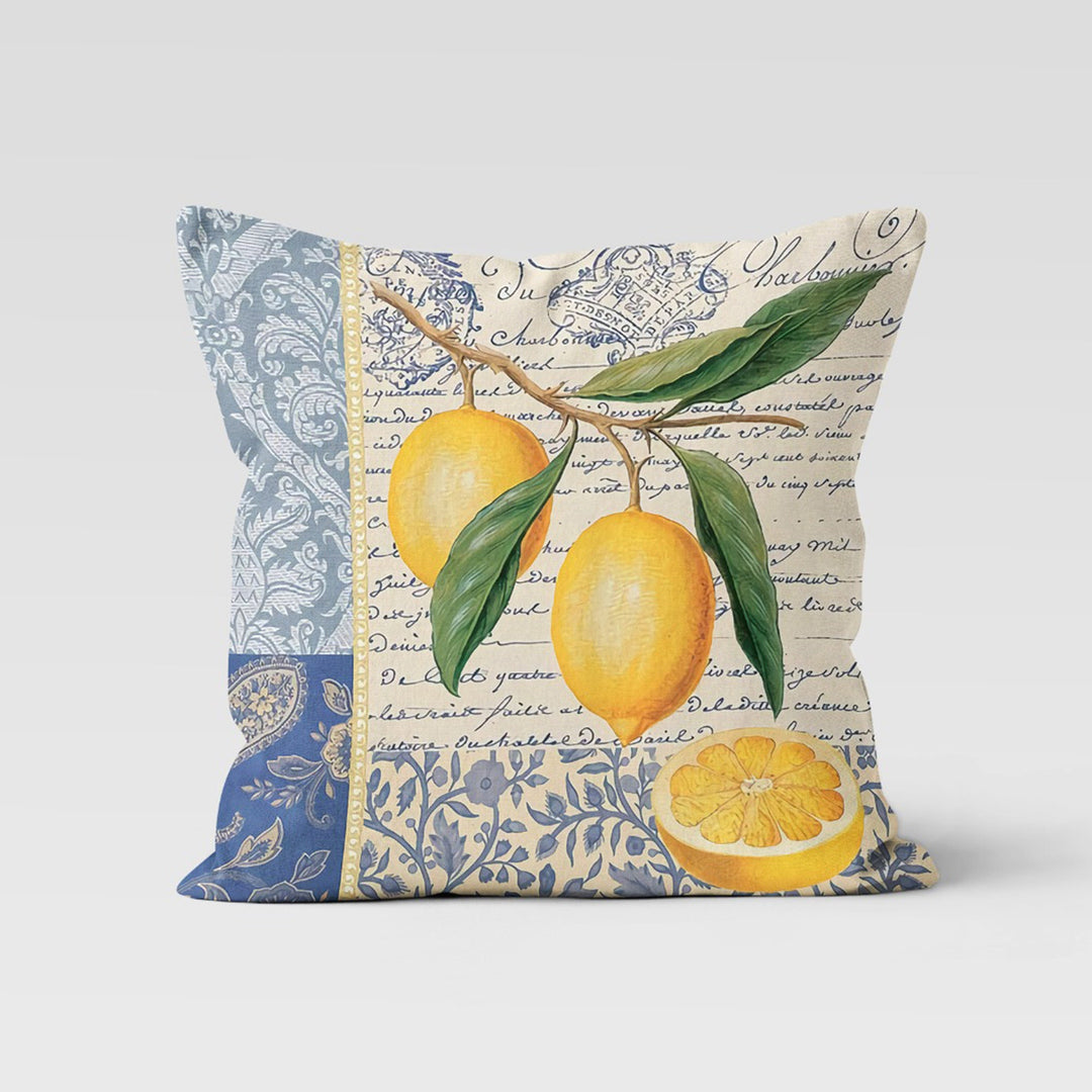 Floral Lemon Pillow Cover|Lemon on Tile Pattern Cushion Case|Housewarming Yellow Citrus Print Home Decor|Farmhouse Yellow Blue Pillow Case