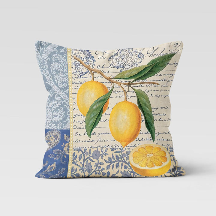 Floral Lemon Pillow Cover|Lemon on Tile Pattern Cushion Case|Housewarming Yellow Citrus Print Home Decor|Farmhouse Yellow Blue Pillow Case