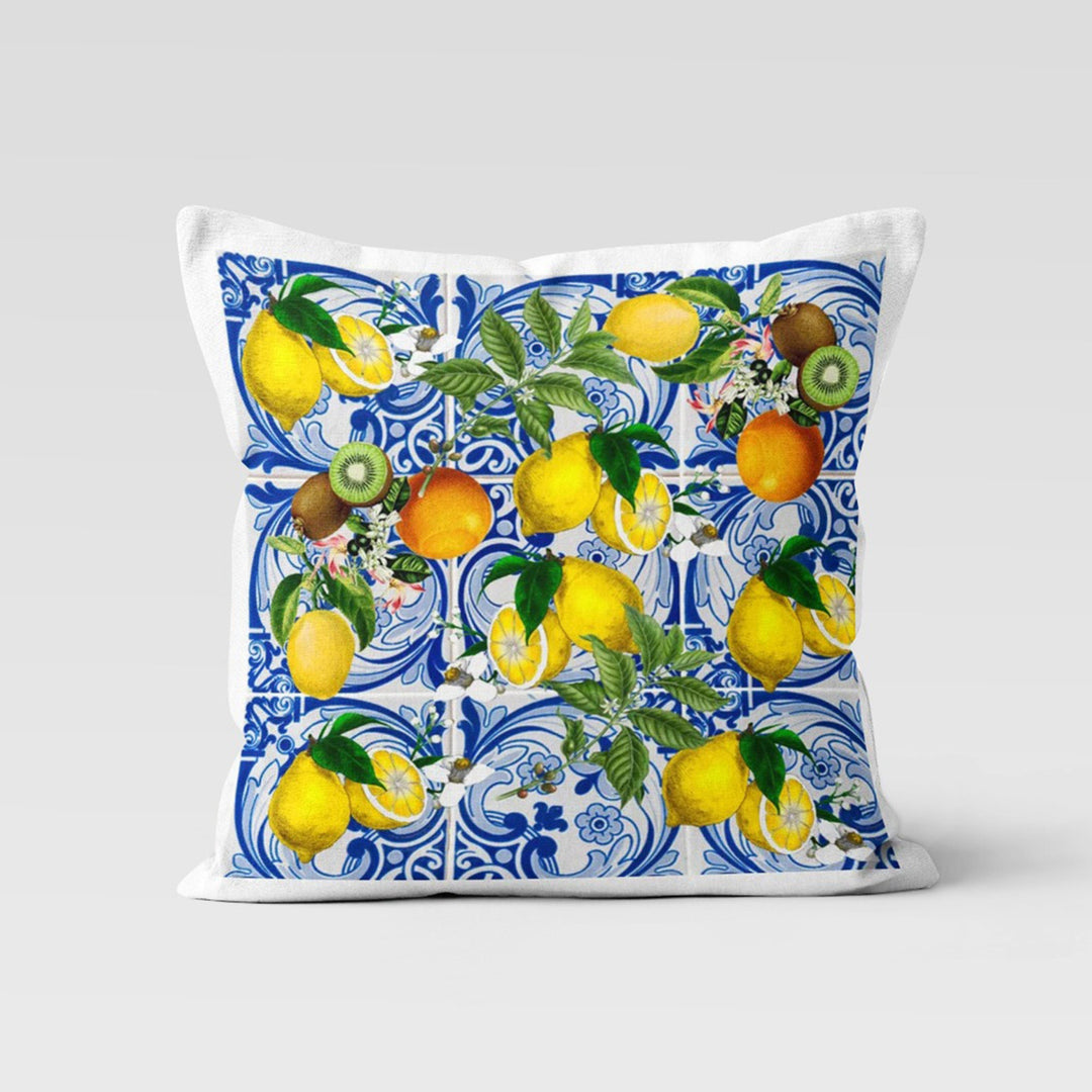 Floral Lemon Pillow Cover|Lemon on Tile Pattern Cushion Case|Housewarming Yellow Citrus Print Home Decor|Farmhouse Yellow Blue Pillow Case