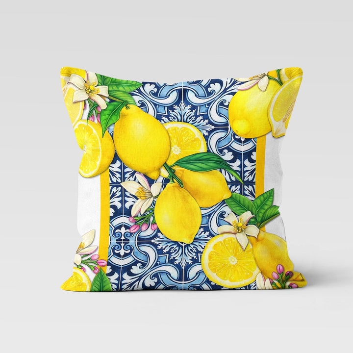 Floral Lemon Pillow Cover|Lemon on Tile Pattern Cushion Case|Housewarming Yellow Citrus Print Home Decor|Farmhouse Yellow Blue Pillow Case