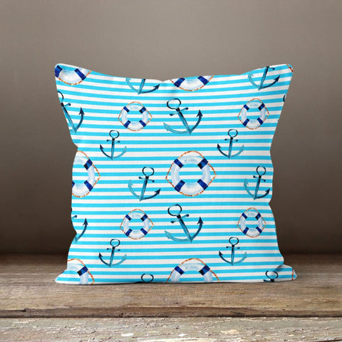 Anchor Cushion Cover|Decorative Nautical Pillow Case|Blue Turquoise White Navy Marine Pillowcase|Beach House Decor|Jellyfish Throw Pillow