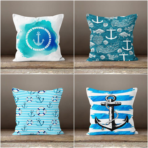 Anchor Cushion Cover|Decorative Nautical Pillow Case|Blue Turquoise White Navy Marine Pillowcase|Beach House Decor|Jellyfish Throw Pillow