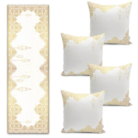 Set of 4 Islamic Motif Pillow Covers and 1 Table Runner|Gold White Ramadan Decor|Religious Tablecloth and Cushion Cover Set|Gift for Muslims