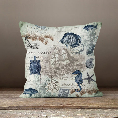 Beach House Pillow Case|Coastal Seahorse Throw Pillow Cover|Sea Turtle, Starfish and Fish Print Cushion Cover|Blue Beige Nautical Home Decor