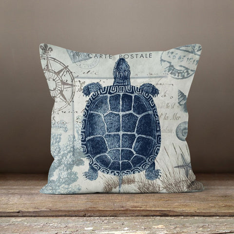 Beach House Pillow Case|Coastal Seahorse Throw Pillow Cover|Sea Turtle, Starfish and Fish Print Cushion Cover|Blue Beige Nautical Home Decor