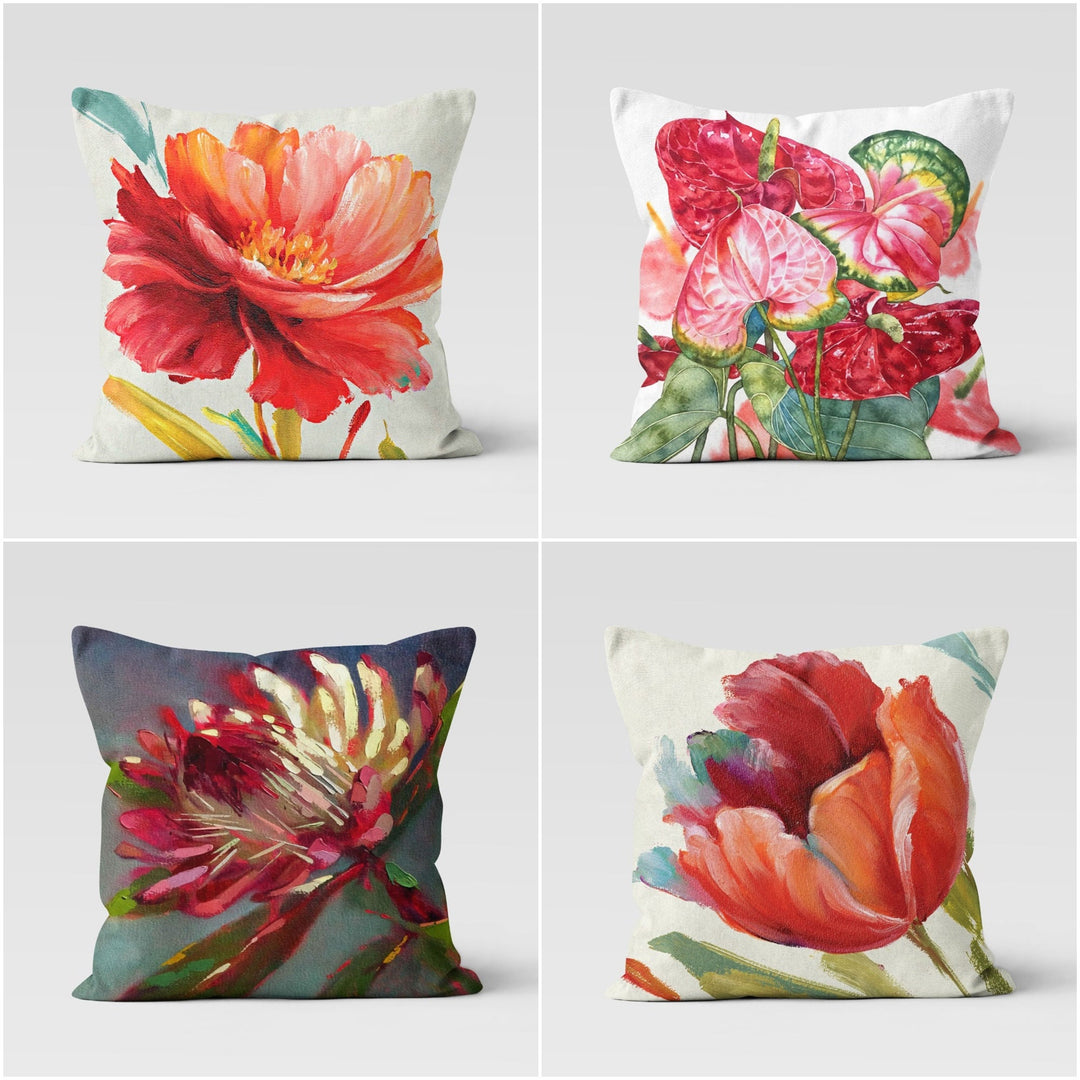 Red Floral Pillow Cover|Summer Trend Cushion Case|Decorative Throw Pillow Case|Flower Painting Home Decor|Housewarming Farmhouse Pillowcase