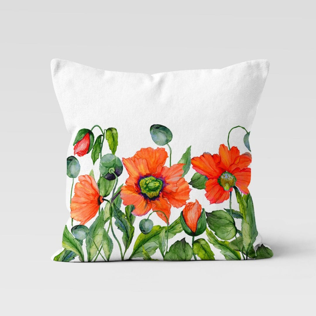 Red Poppy Pillow Cover|Floral Cushion Case|Decorative Red Green Throw Pillow Top|Boho Bedding Decor|Housewarming Farmhouse Style Pillowcase