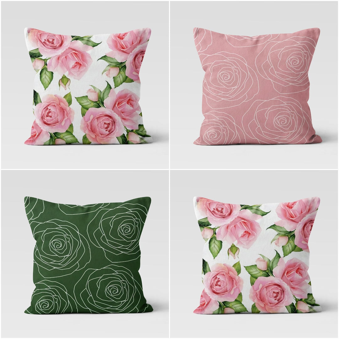 Pink Floral Pillow Cover|Rose Print Cushion Case|Decorative Throw Pillowcase|Pink Green Home Decor|Housewarming Cushion|Porch Pillow Top