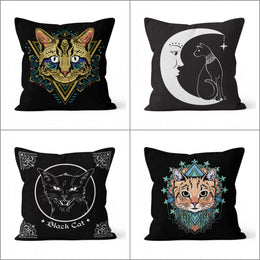 Cat and Moon Pillow Cover|Black and Gold Cat Print Cushion Case|Crescent Home Decor|Decorative Space Pillowcase|Animal Print Cushion Cover