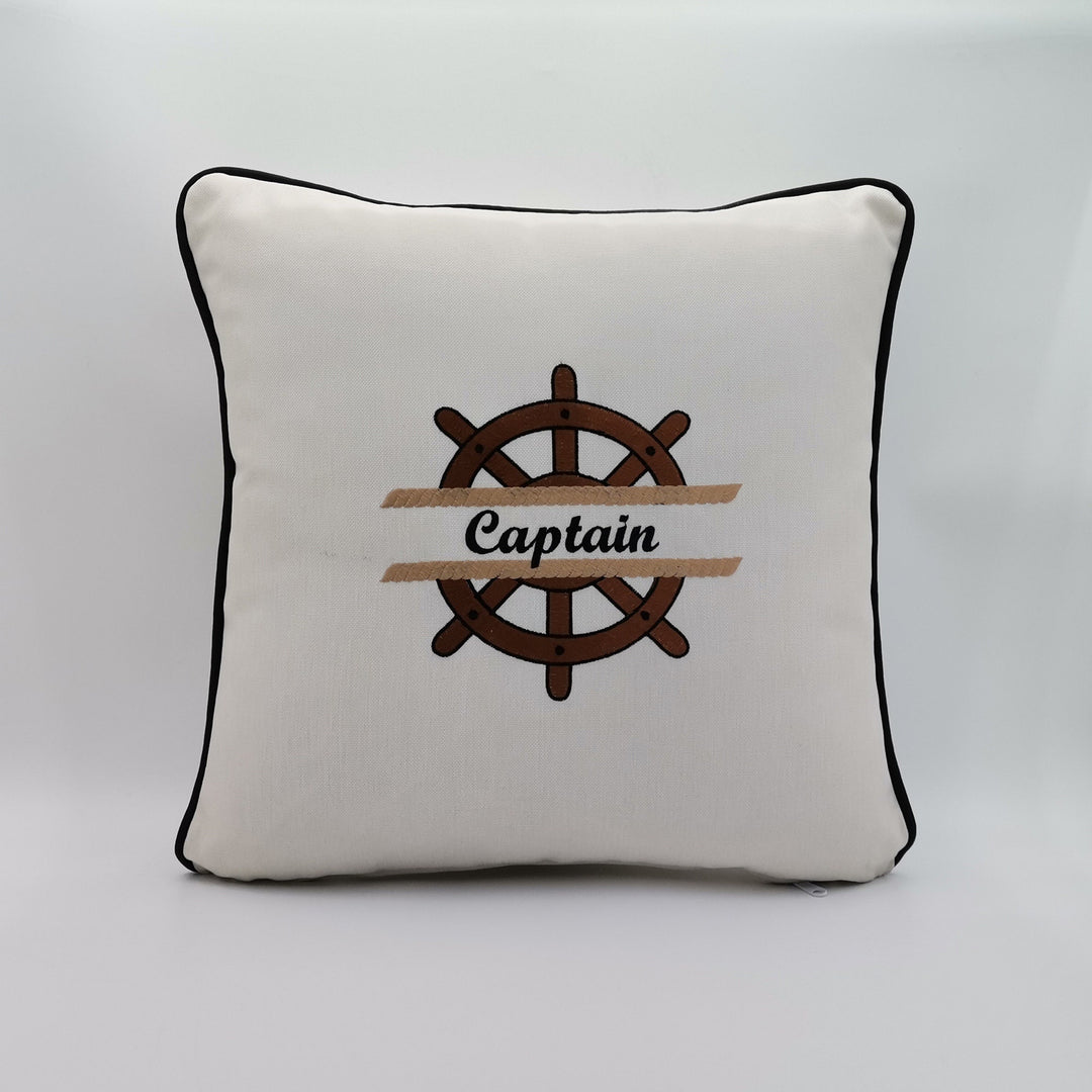 Embroidered Luxury Yacht Pillow Cover|Water Repellent Wheel Pillow|Abrasion Resistant Nautical Cushion Cover|Flame Retardant Captain Decor