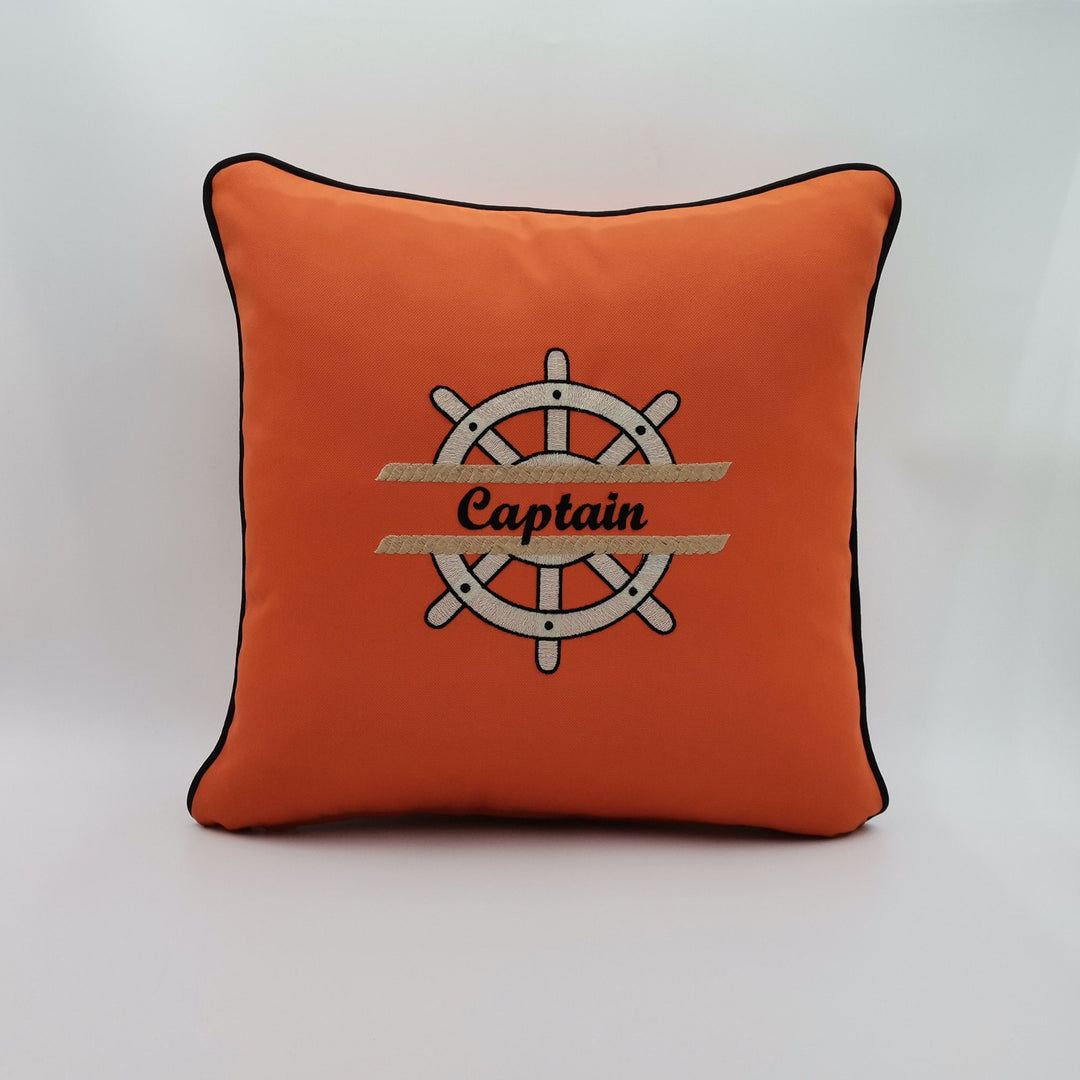 Embroidered Luxury Yacht Pillow Cover|Water Repellent Wheel Pillow|Abrasion Resistant Nautical Cushion Cover|Flame Retardant Captain Decor