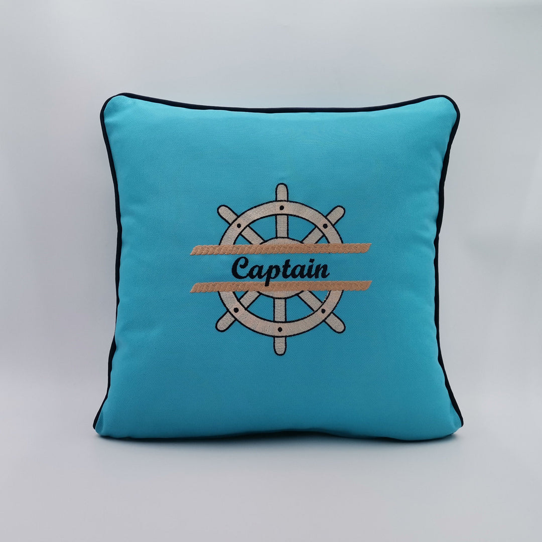 Embroidered Luxury Yacht Pillow Cover|Water Repellent Wheel Pillow|Abrasion Resistant Nautical Cushion Cover|Flame Retardant Captain Decor