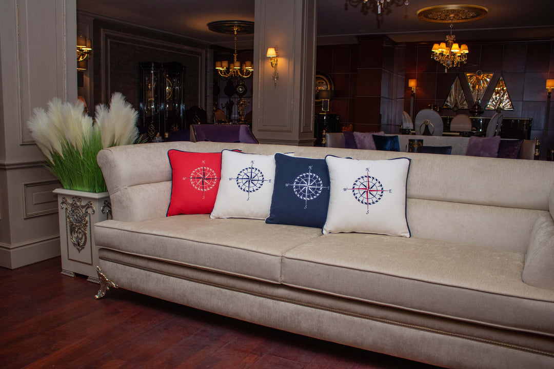 Embroidered Luxury Yacht Pillow Cover|Water Repellent Compass Pillowtop|Abrasion Resistant Nautical Cushion Cover|Flame Retardant Pillowcase