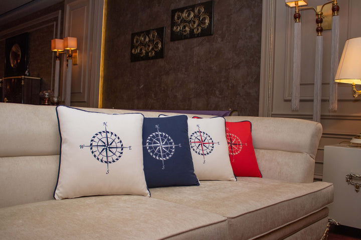 Embroidered Luxury Yacht Pillow Cover|Water Repellent Compass Pillowtop|Abrasion Resistant Nautical Cushion Cover|Flame Retardant Pillowcase