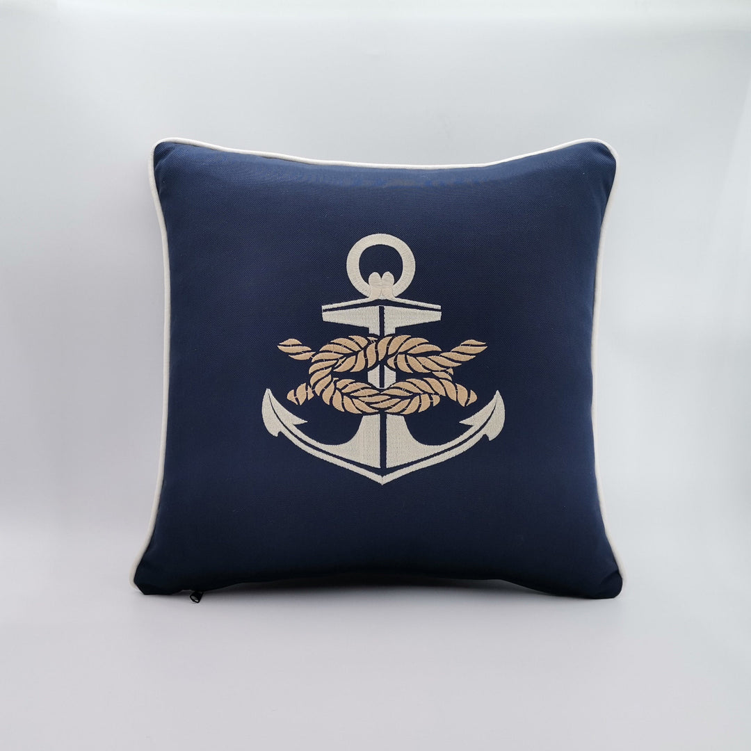 Embroidered Luxury Yacht Pillow Cover|Water Repellent Anchor Pillowtop|Abrasion Resistant Nautical Cushion Cover|Flame Retardant Pillowcase