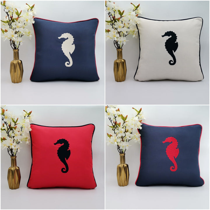 Embroidered Luxury Yacht Pillow Cover|Water Repellent Seahorse Pillow|Abrasion Resistant Nautical Cushion Cover|Flame Retardant Pillowcase