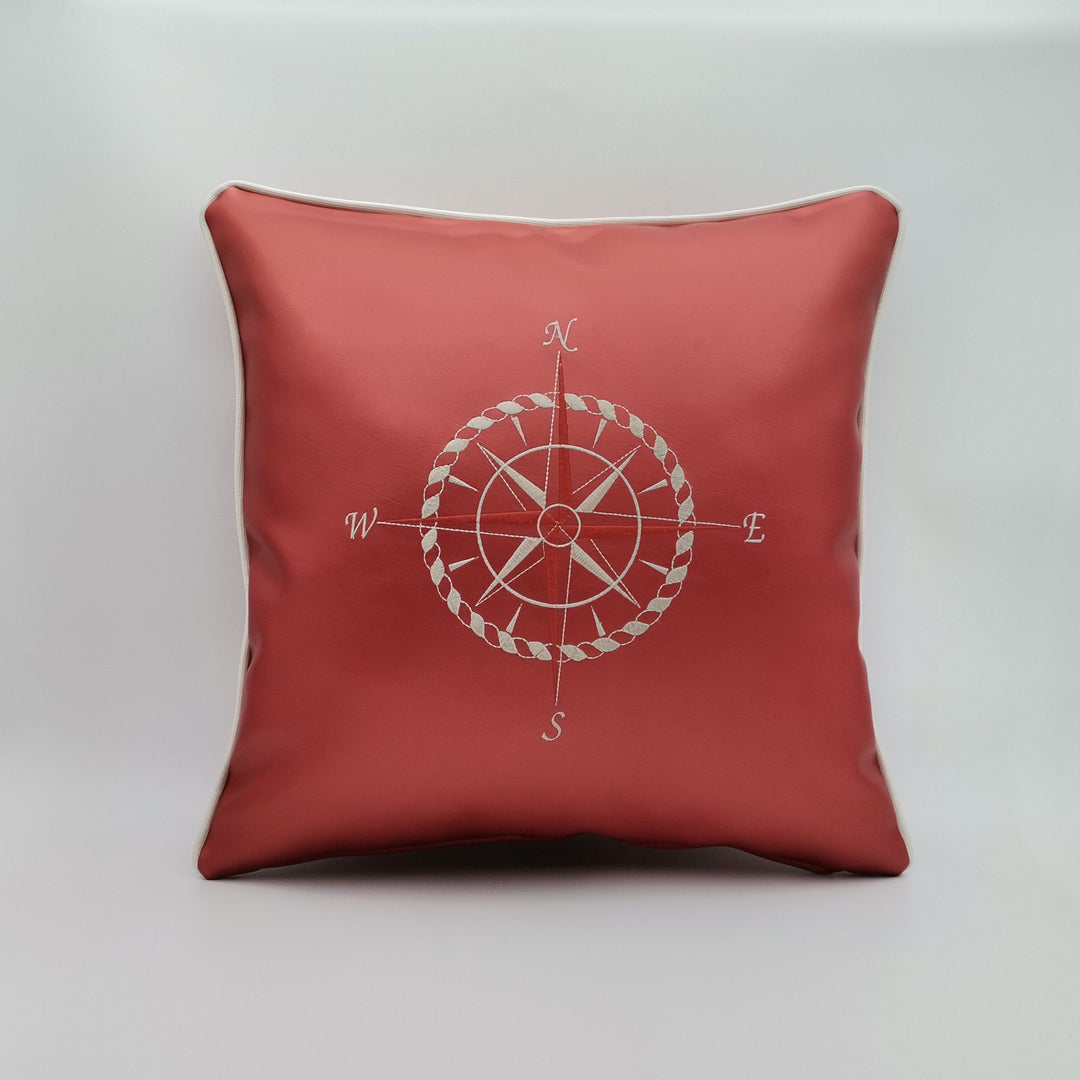 Embroidered Luxury Yacht Pillow Cover|Water Repellent Compass Pillow Case|Abrasion Resistant Nautical Cushion Cover|Faux Leather Pillow Top