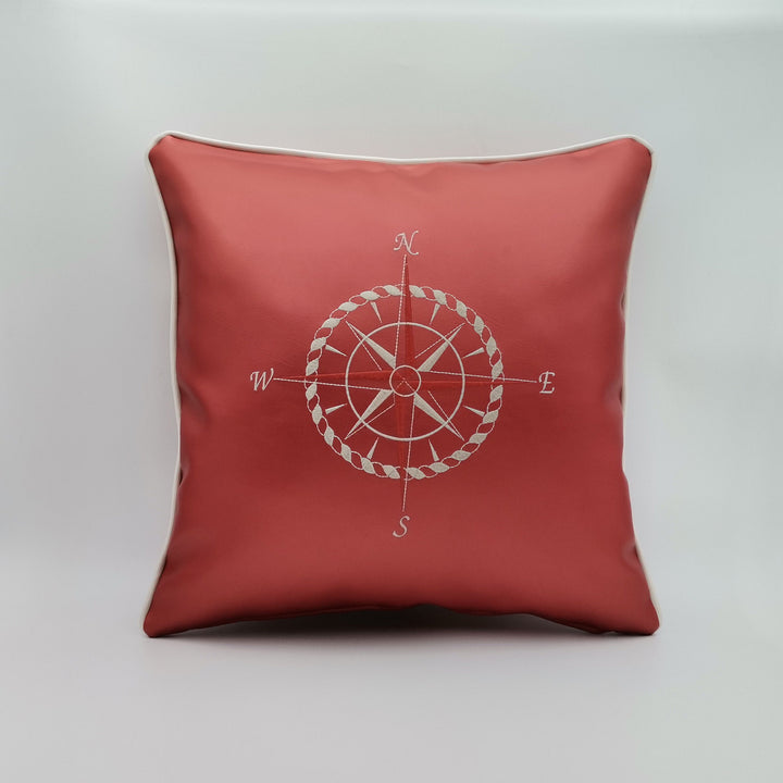 Embroidered Luxury Yacht Pillow Cover|Water Repellent Compass Pillow Case|Abrasion Resistant Nautical Cushion Cover|Faux Leather Pillow Top