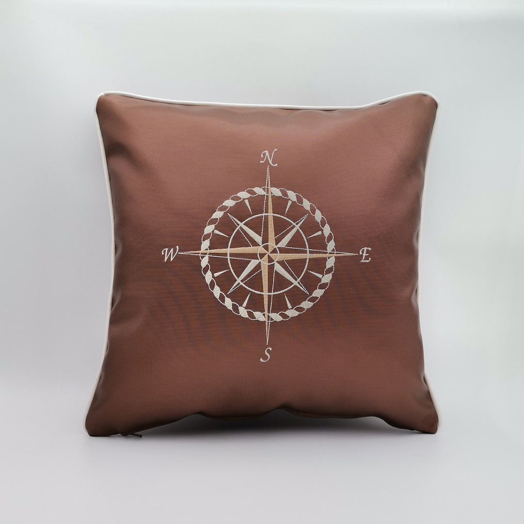 Embroidered Luxury Yacht Pillow Cover|Water Repellent Compass Pillow Case|Abrasion Resistant Nautical Cushion Cover|Faux Leather Pillow Top