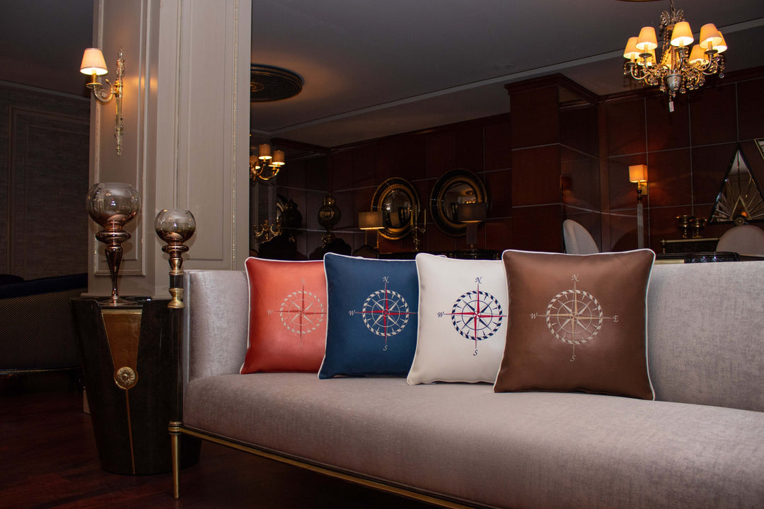 Embroidered Luxury Yacht Pillow Cover|Water Repellent Compass Pillow Case|Abrasion Resistant Nautical Cushion Cover|Faux Leather Pillow Top