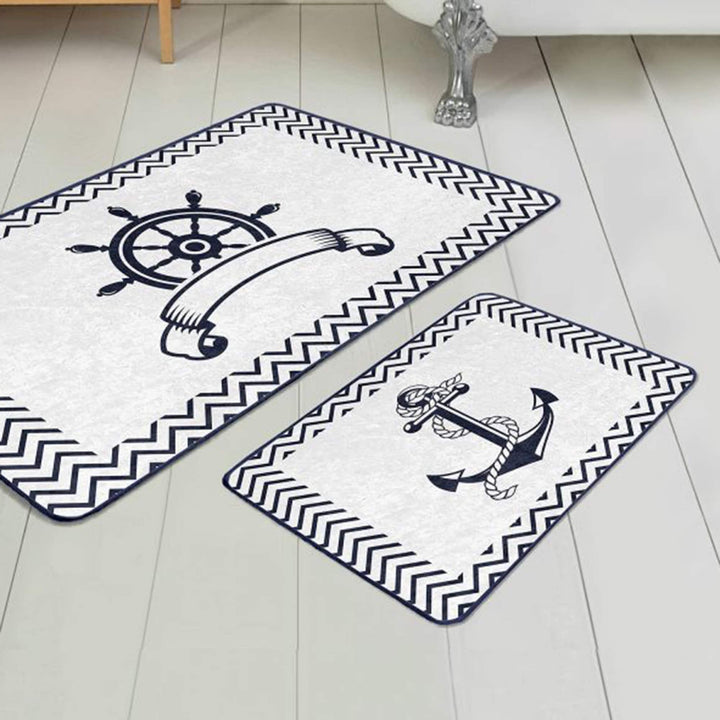 Set of 2 Nautical Bath Mat|Non-Slip Bathroom Decor|Anchor Bath Rug|Navy Marine Kitchen Floor Mat|Absorbent Shower and Home Entrance Carpet