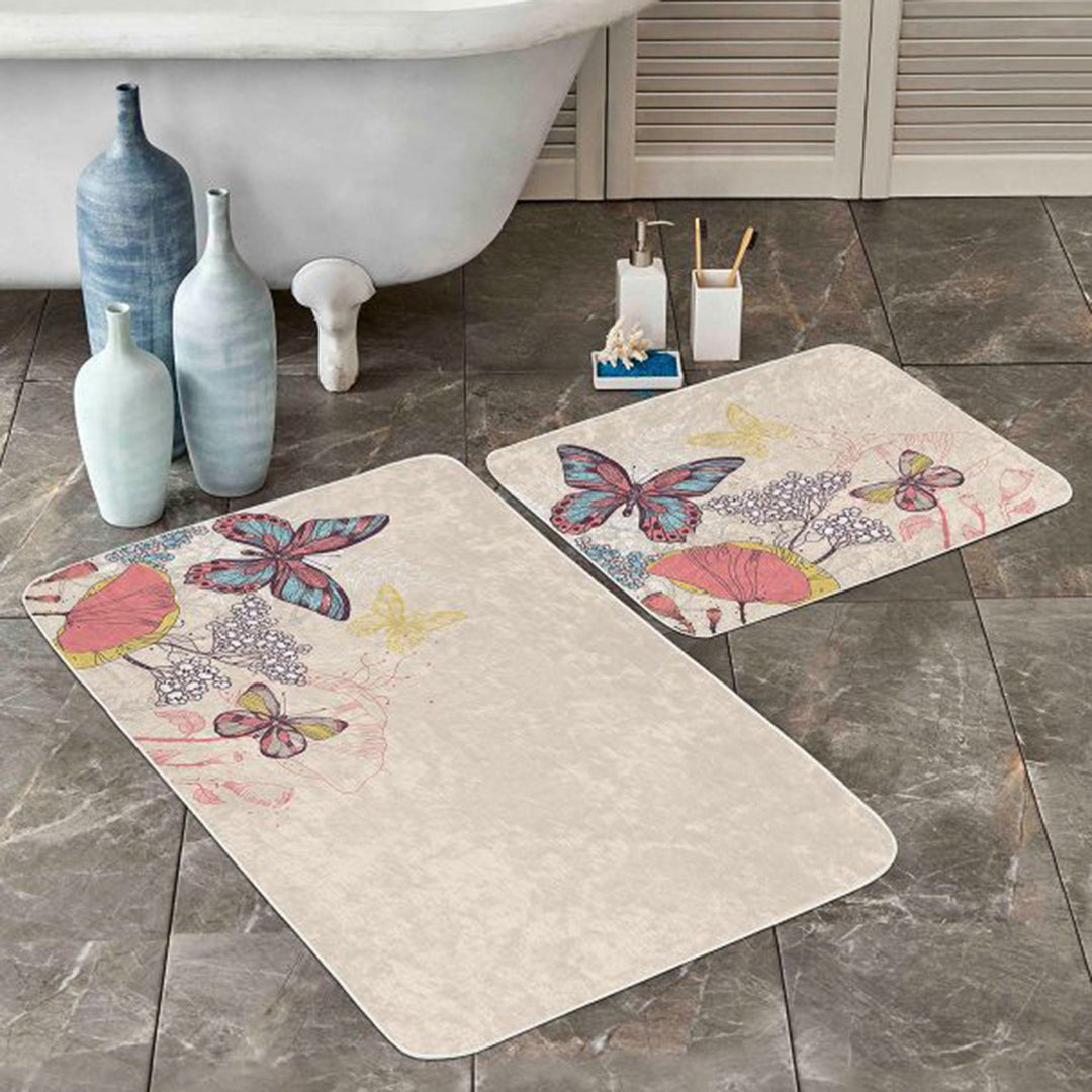 Set of 2 Butterfly Bath Mat|Non-Slip Bathroom Decor|Decorative Bath Rug|Rectangle Kitchen Floor Mat|Absorbent Shower, Home Entrance Carpet