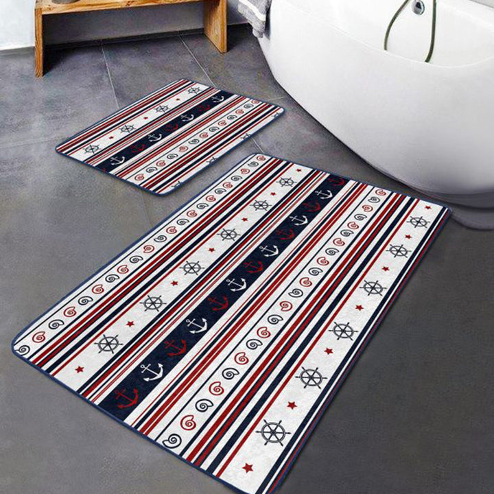 Set of 2 Nautical Bath Mat|Non-Slip Bathroom Decor|Floral Anchor Bath Rug|Wheel Kitchen Floor Mat|Rectangle Shower and Home Entrance Carpet