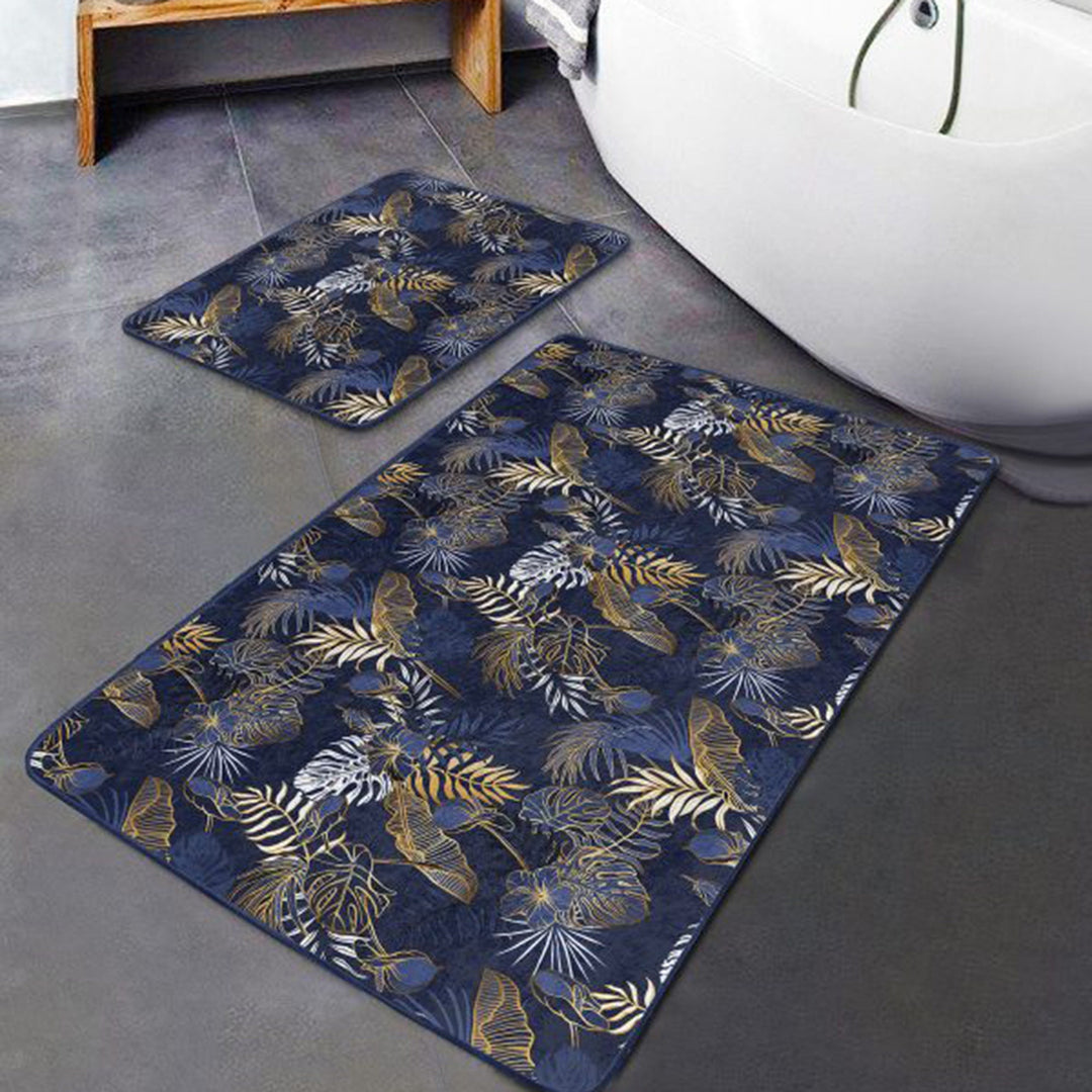 Set of 2 Tropical Leaves Bath Mat|Non-Slip Bathroom Decor|Blue Gold Bath Rug|Rectangle Kitchen Floor Mat|Decorative Shower Entrance Carpet