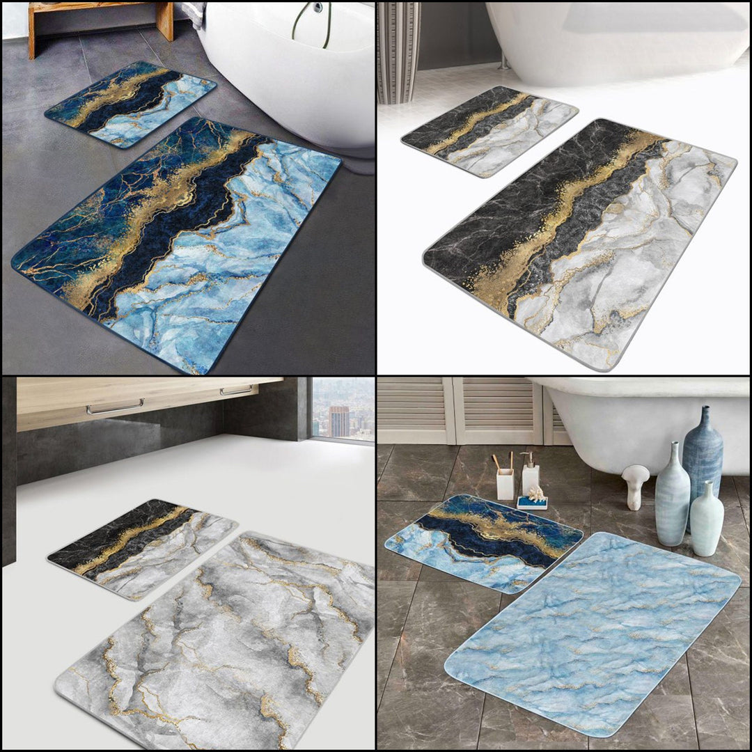 Set of 2 Marble Pattern Bath Mat|Non-Slip Bathroom Decor|Blue Gray Bath Rug|Rectangle Kitchen Floor Mat|Abstract Home,Shower Entrance Carpet