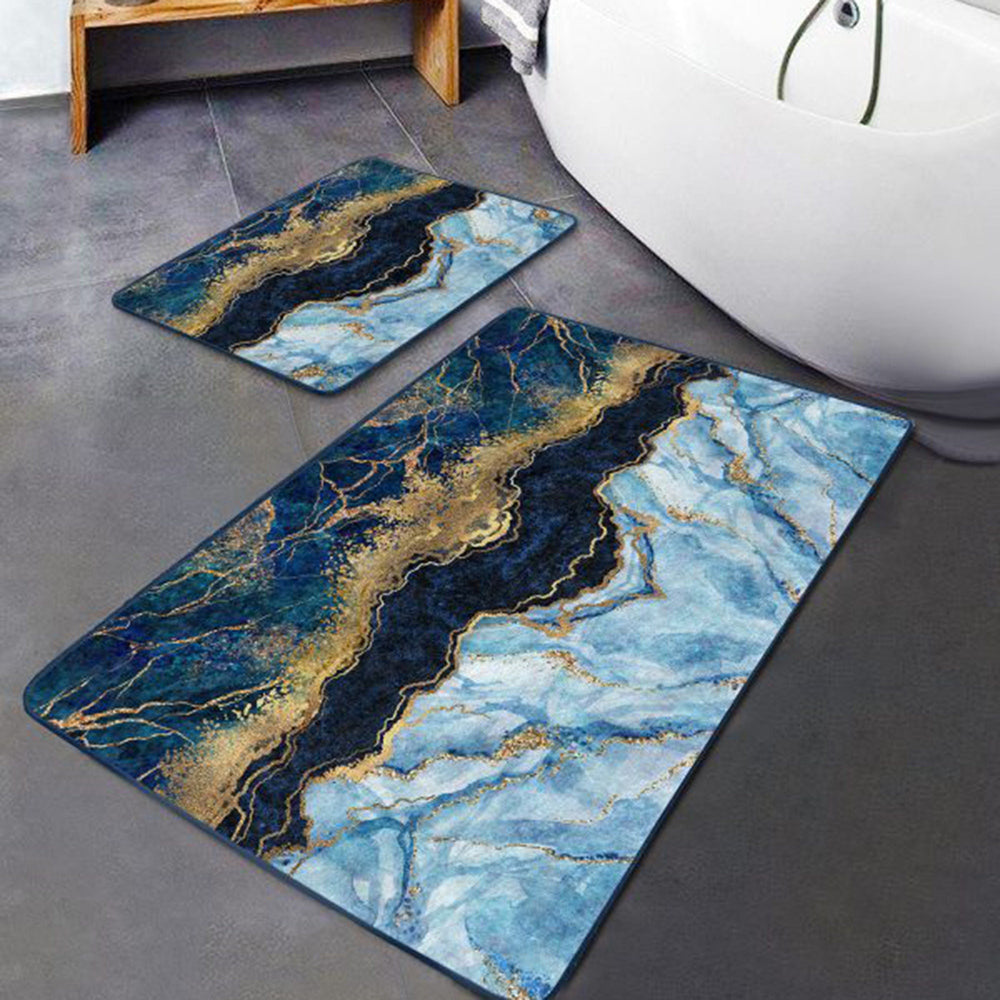 Set of 2 Marble Pattern Bath Mat|Non-Slip Bathroom Decor|Blue Gray Bath Rug|Rectangle Kitchen Floor Mat|Abstract Home,Shower Entrance Carpet