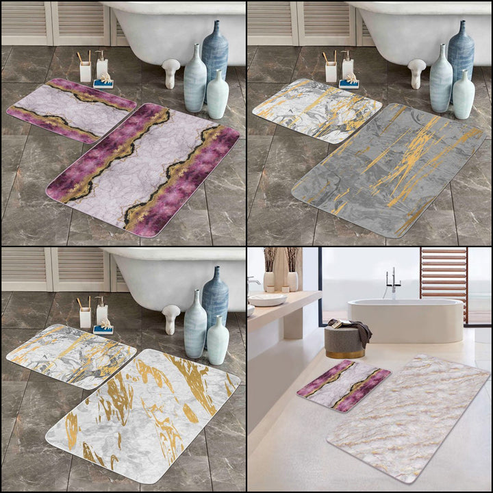 Set of 2 Marble Pattern Bath Mat|Non-Slip Bathroom Decor|Purple Gray Gold Bath Rug|Kitchen Floor Mat|Abstract Home, Shower Entrance Carpet