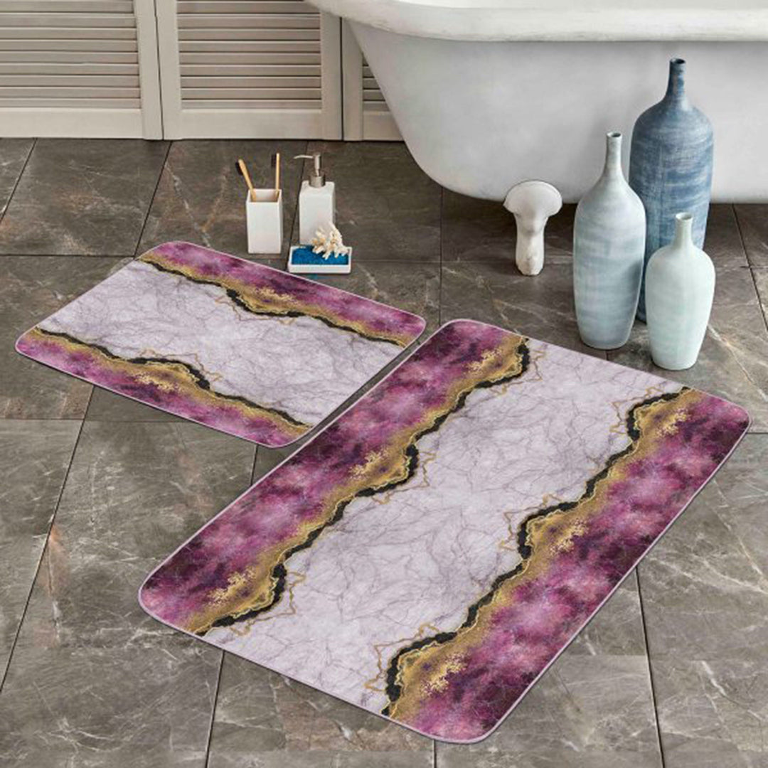 Set of 2 Marble Pattern Bath Mat|Non-Slip Bathroom Decor|Purple Gray Gold Bath Rug|Kitchen Floor Mat|Abstract Home, Shower Entrance Carpet