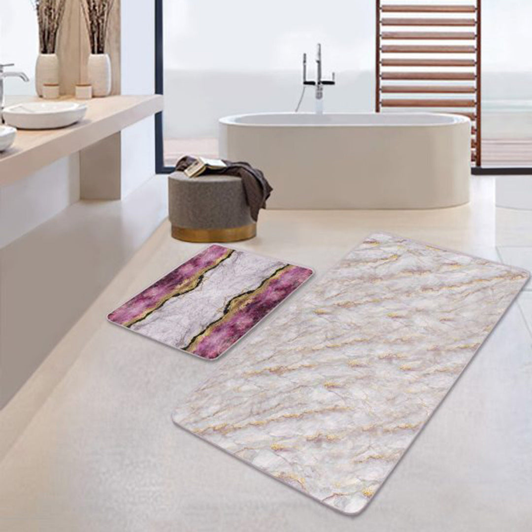 Set of 2 Marble Pattern Bath Mat|Non-Slip Bathroom Decor|Purple Gray Gold Bath Rug|Kitchen Floor Mat|Abstract Home, Shower Entrance Carpet