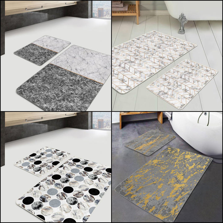 Set of 2 Marble Pattern Bath Mat|Non-Slip Bathroom Decor|Gray Gold Bath Rug|Rectangle Kitchen Floor Mat|Abstract Home,Shower Entrance Carpet