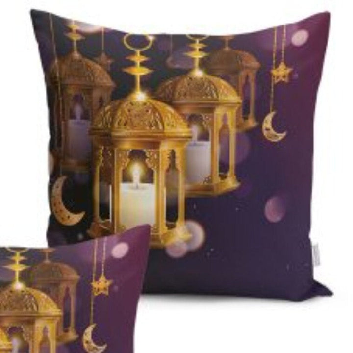 Set of 4 Islamic Pillow Covers and 1 Table Runner|Ramadan Kareem Decor|Purple Gold Ramadan Lantern Tablecloth and Cushion|Gift for Muslims