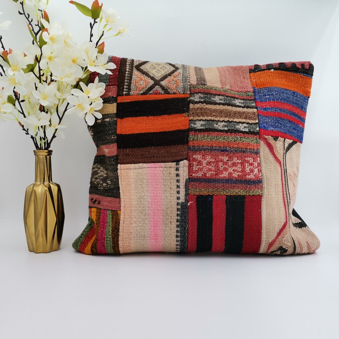 Vintage Kilim Pillow Cover|Turkish Kilim Cushion Case|Ethnic Ottoman Throw Pillow|Boho Bedding Decor|Handwoven Patchwork Rug Cushion 20x20