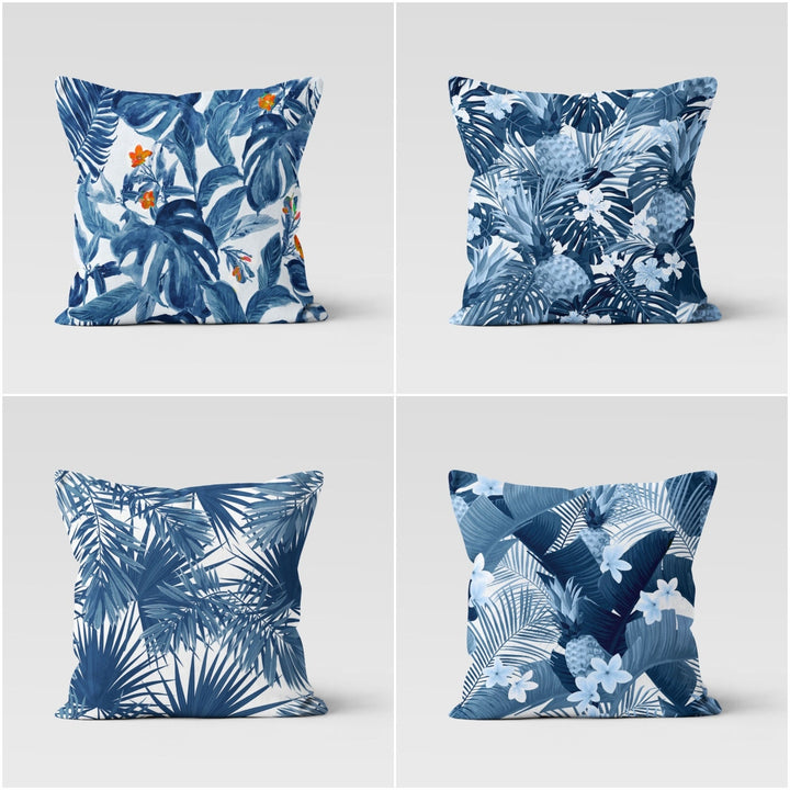 Blue Leaves Pillow Cover|Floral Cushion Case|Blue White Tropical Pillowtop|Decorative Plant Printed Outdoor Cushion Case|Boho Bedding Pillow